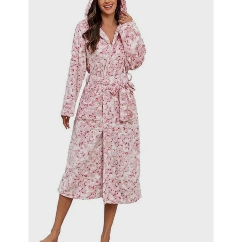 Women 2XL Pink White Print Soft Fleece Long Hooded Wrap Robe Warm Bathrobe Cozy